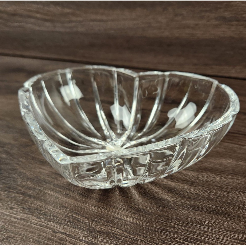 Vintage Crystal Heart Bowl Small Clear Ribbed 24% Lead Glass USA Trinket Dish